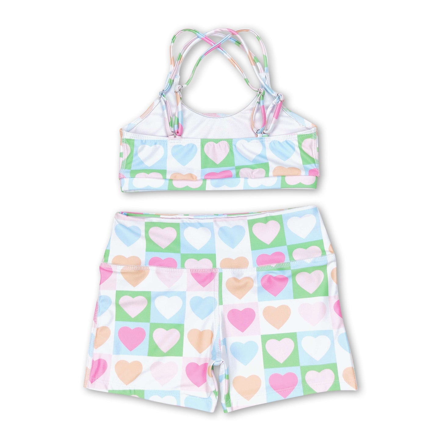 Colorful plaid heart crop top match shorts kids girls swimsuit