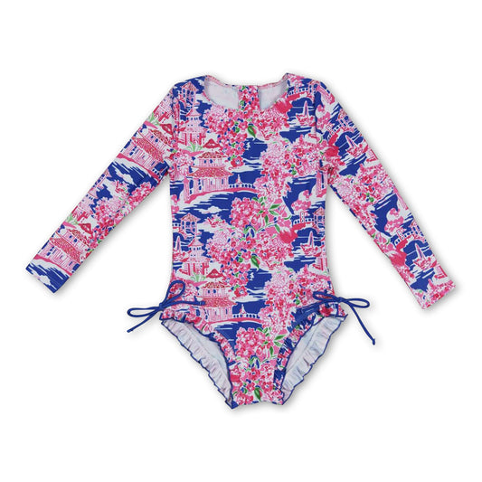 Long sleeves hot pink floral girls summer swimsuit