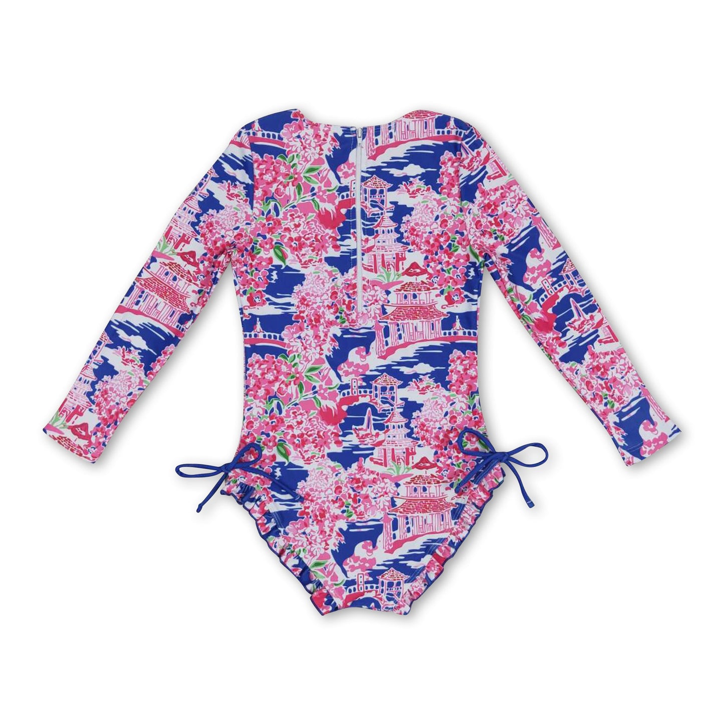 Long sleeves hot pink floral girls summer swimsuit