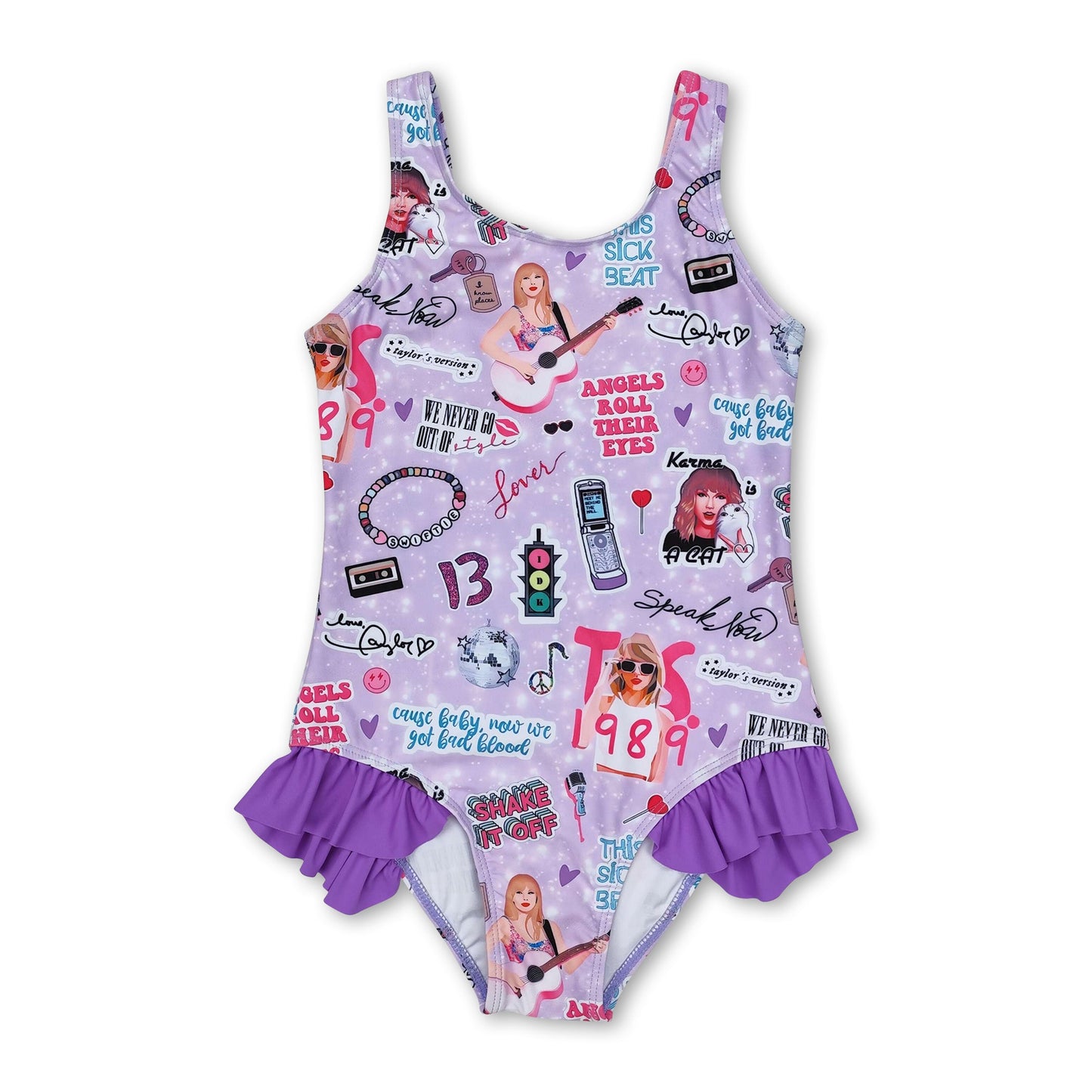 Purple sleeveless guitar smile one piece singer girls swimsuit