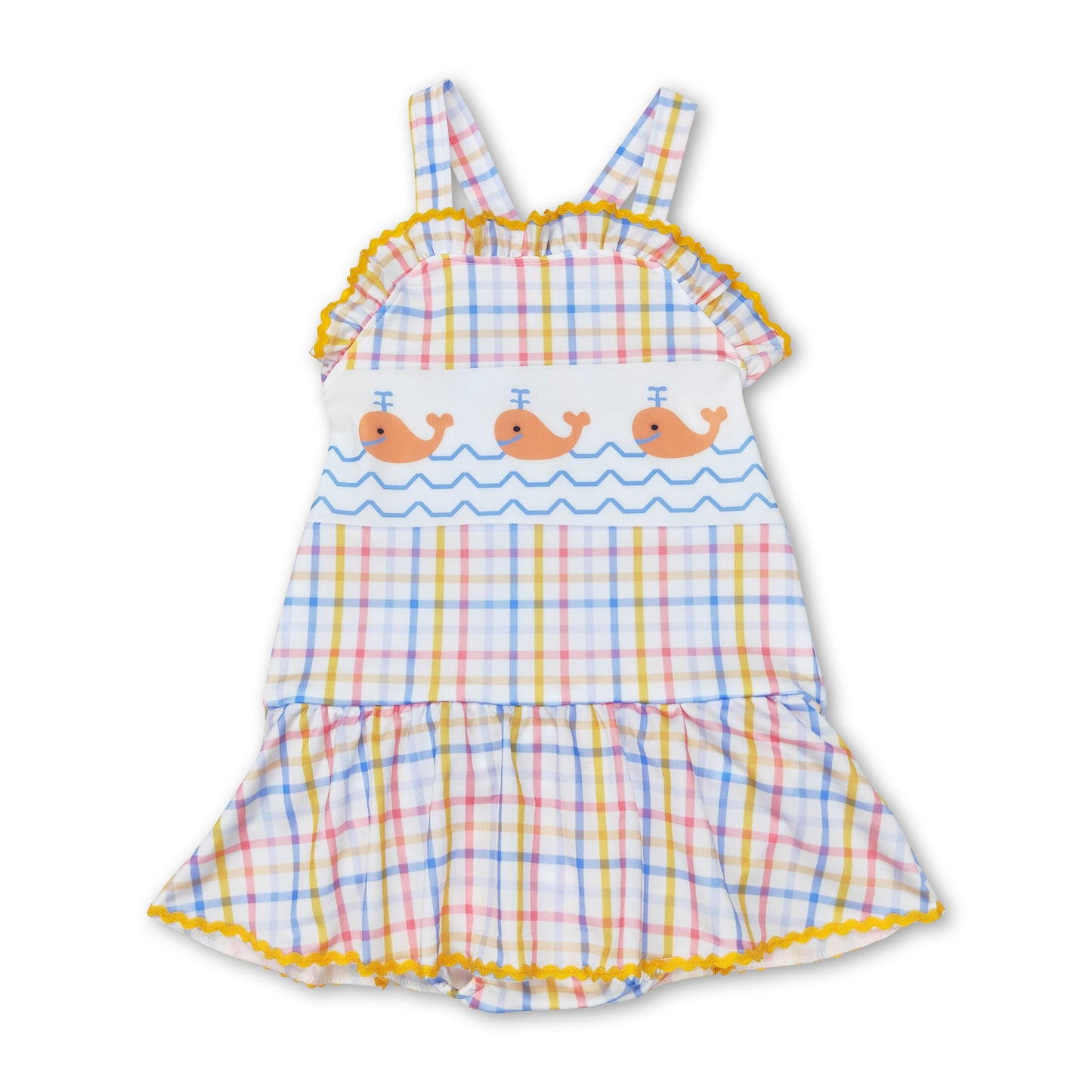 Blue yellow plaid whale baby girls summer swimsuit