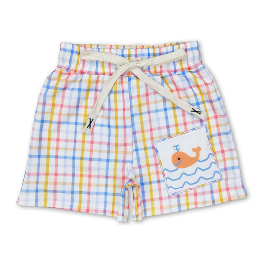 Blue yellow plaid whale kids boys summer swim shorts