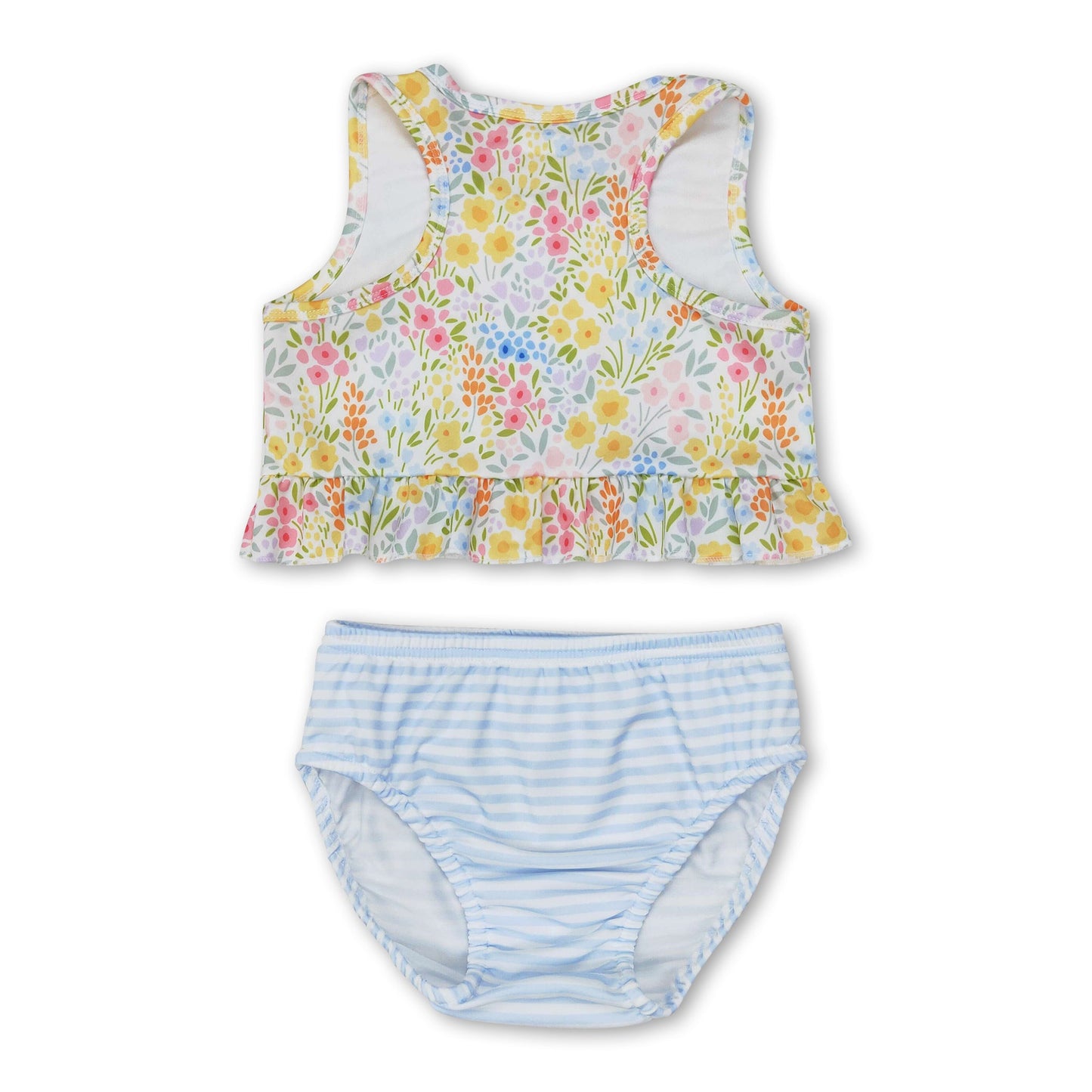 Sleeveless floral top stripe bottom girls swimsuit