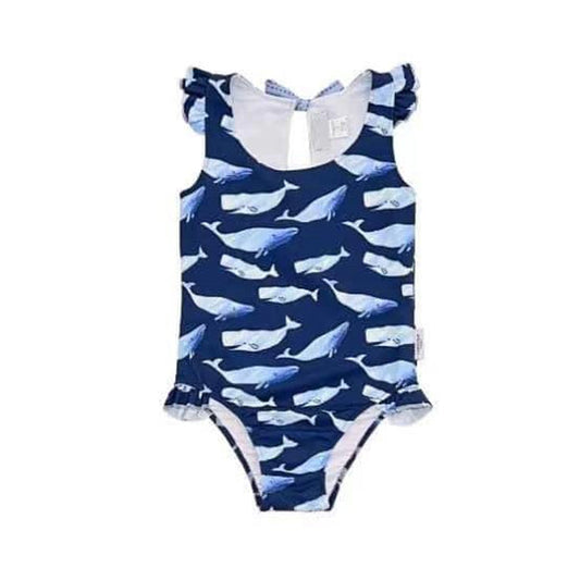 Flutter sleeves shark print one piece girls swimsuit