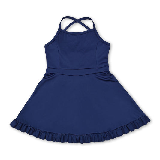 Navy straps ruffle baby girls athletic dress with shorts