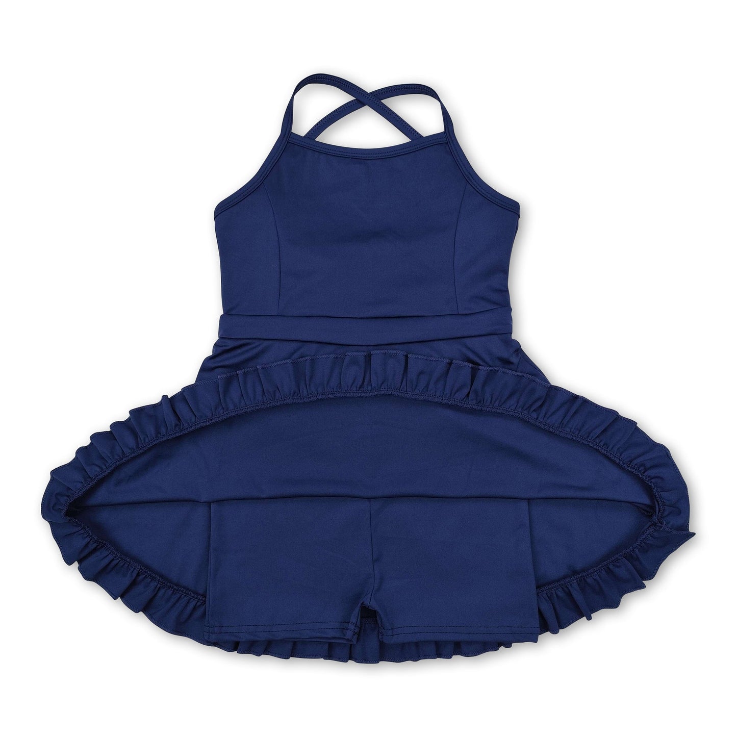 Navy straps ruffle baby girls athletic dress with shorts