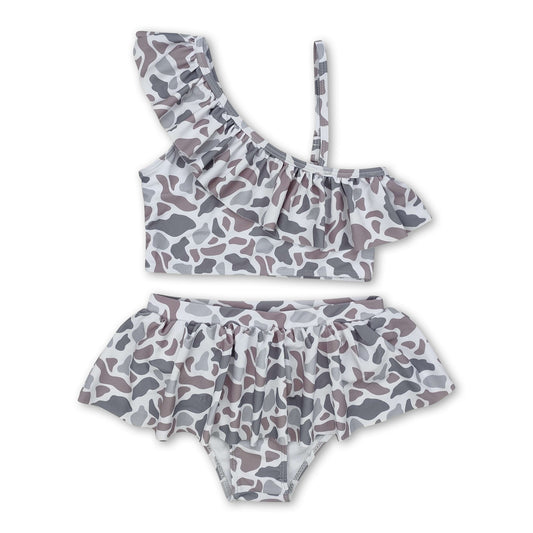 Grey camo ruffle kids girls two pieces swimsuits