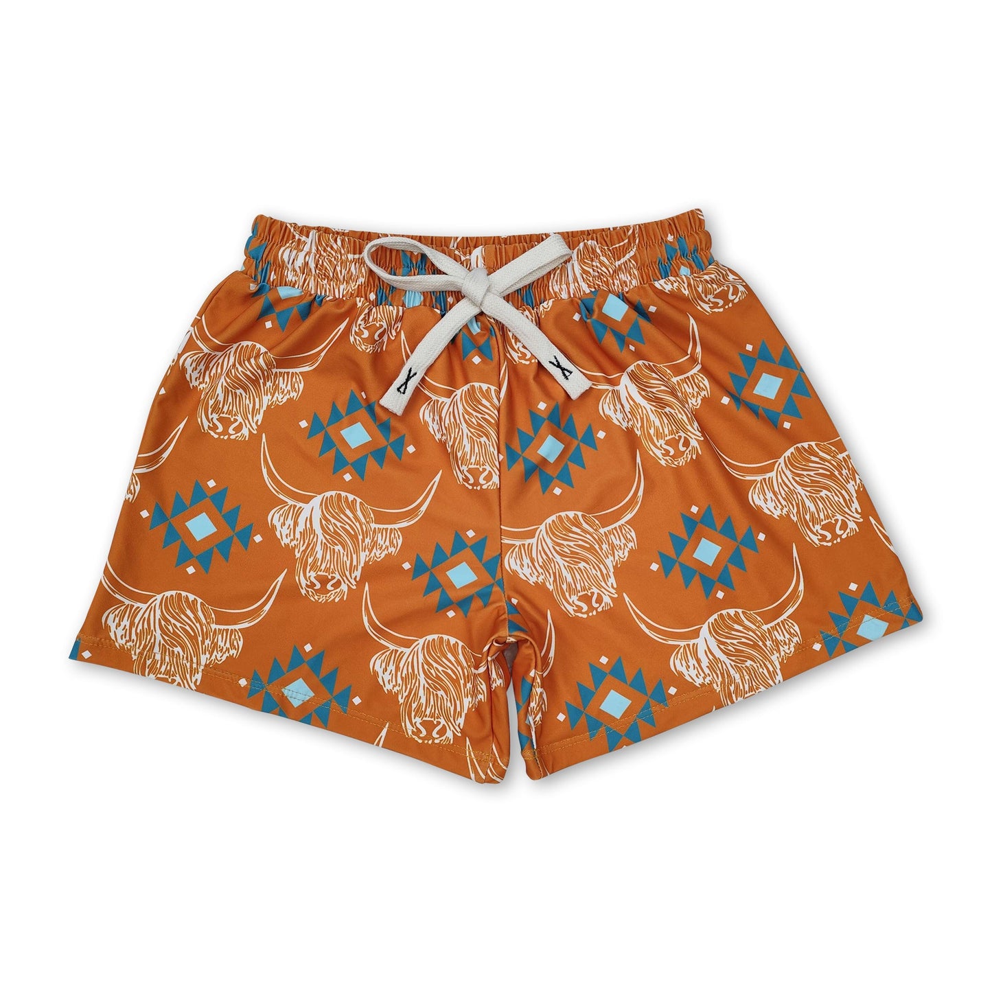 Highland cow aztec western kids boys summer swim trunks