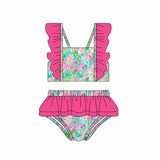 Hot pink ruffle watercolor floral girls summer swimsuit