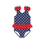 Blue stars red ruffle girls 4th of july one piece swimsuit