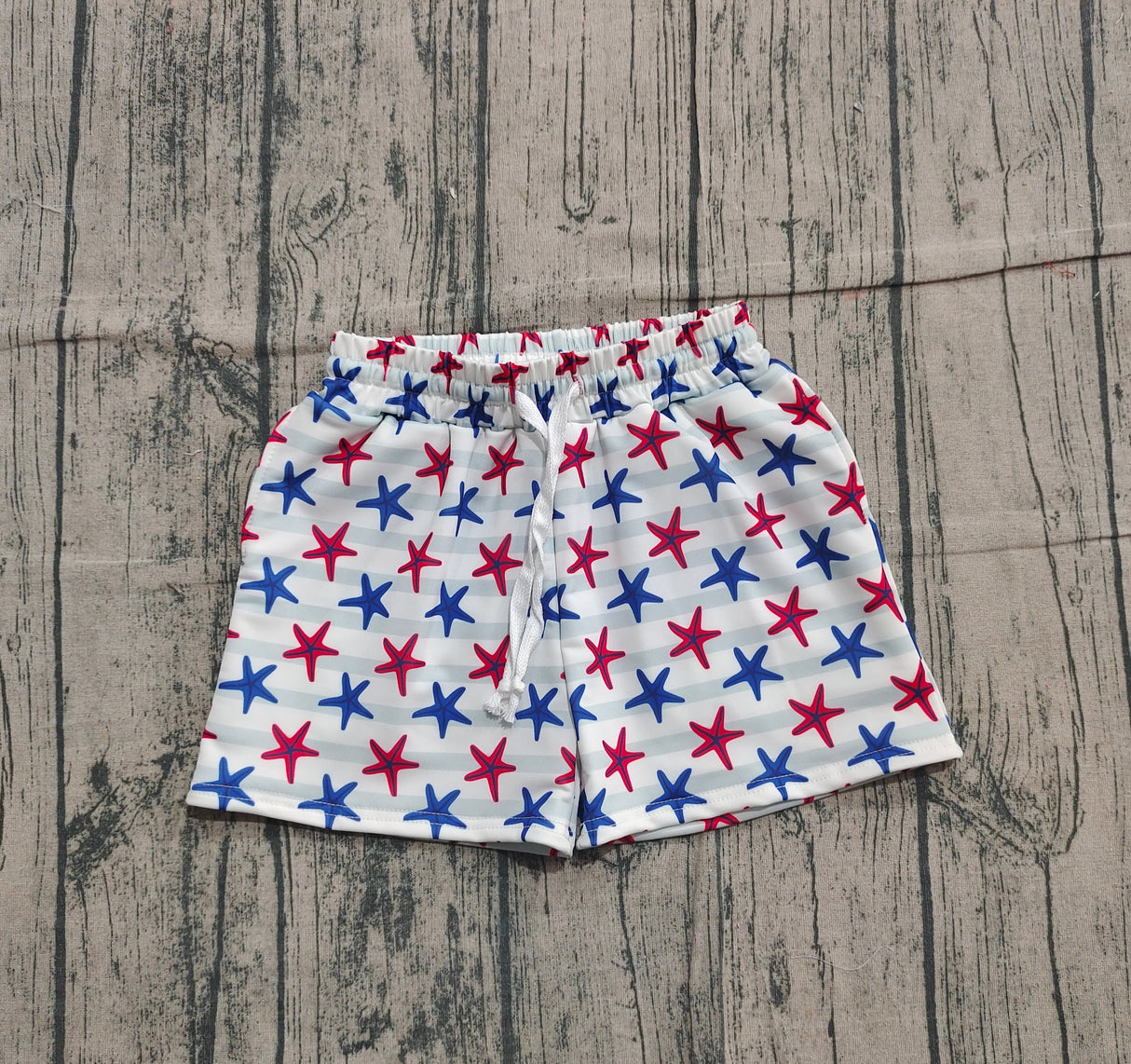 Red blue starfish stripe kids boys 4th of july swim trunks