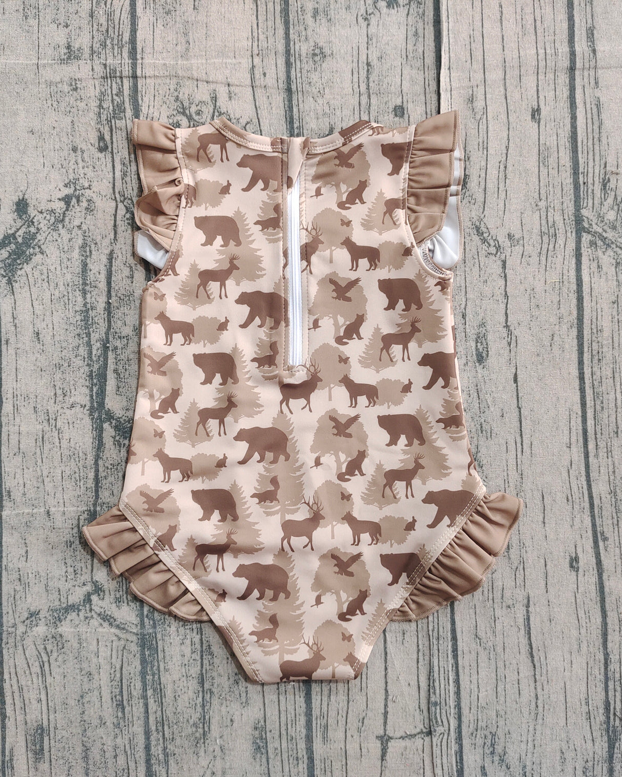 Ruffle deer duck dog bear hunting baby girls swimsuit