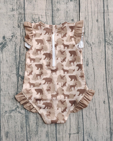 Ruffle deer duck dog bear hunting baby girls swimsuit