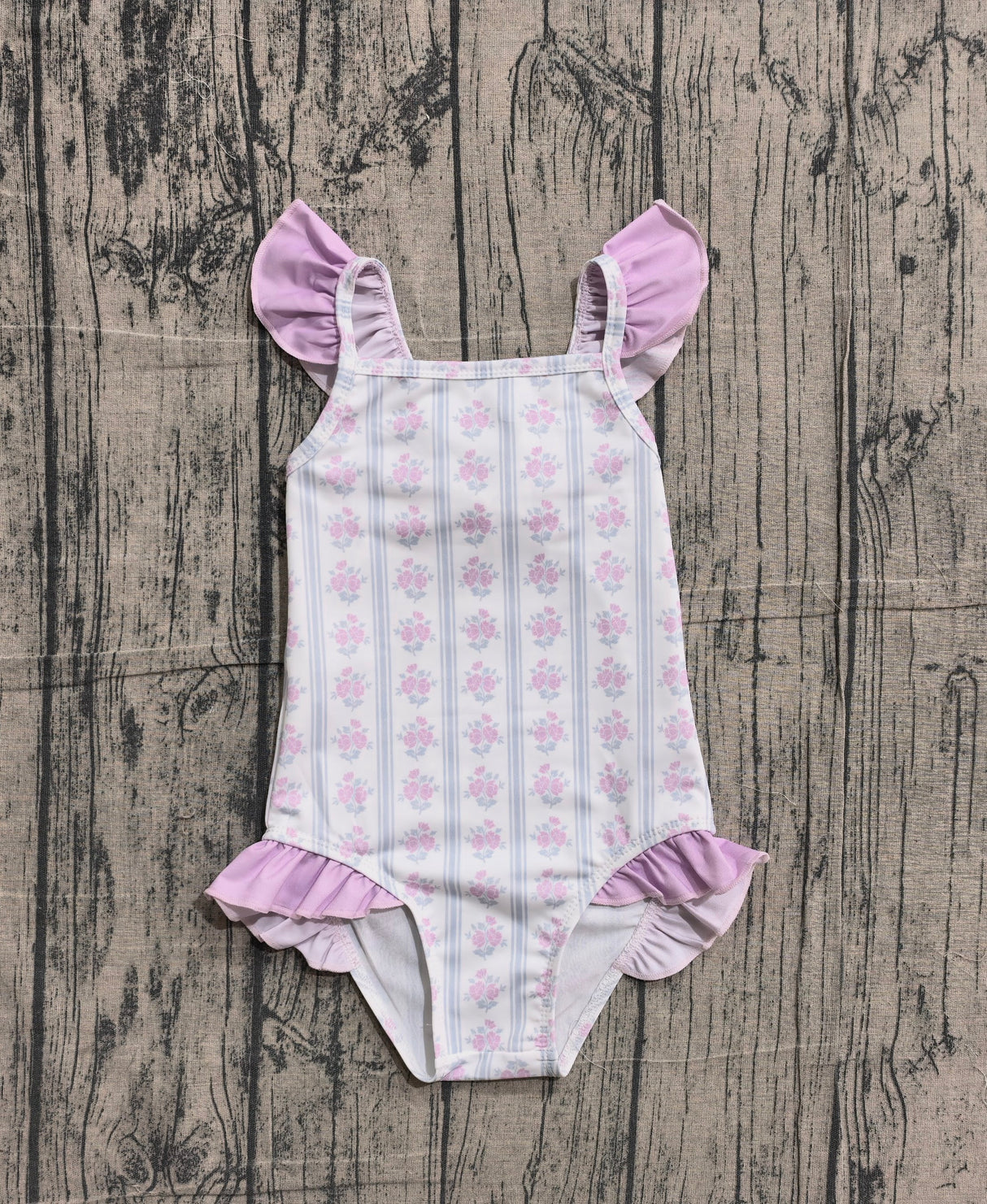 Flutter sleeves floral stripe baby girls one piece swimsuit