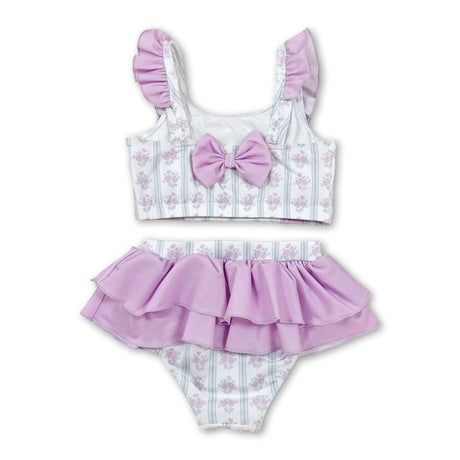 Flutter sleeves ruffle floral girls two pieces summer swimsuit