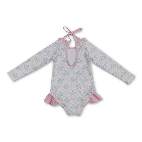 Long sleeves bow floral baby girls one piece swimsuit