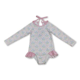 Long sleeves bow floral baby girls one piece swimsuit
