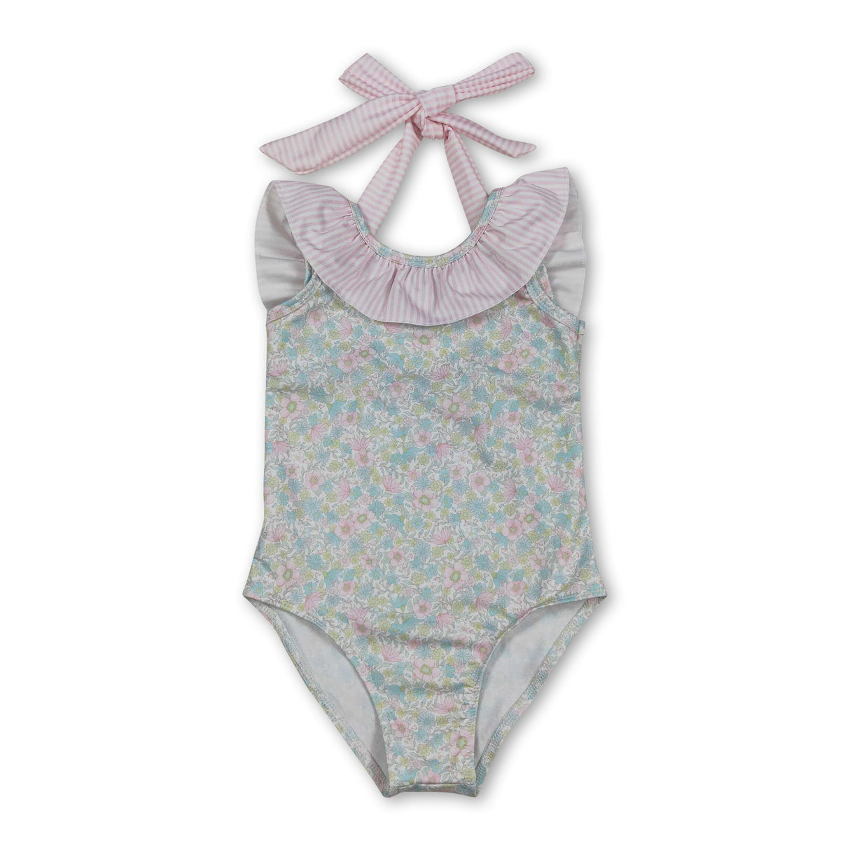 Sleeveless pink stripe ruffle floral girls one piece swimsuit