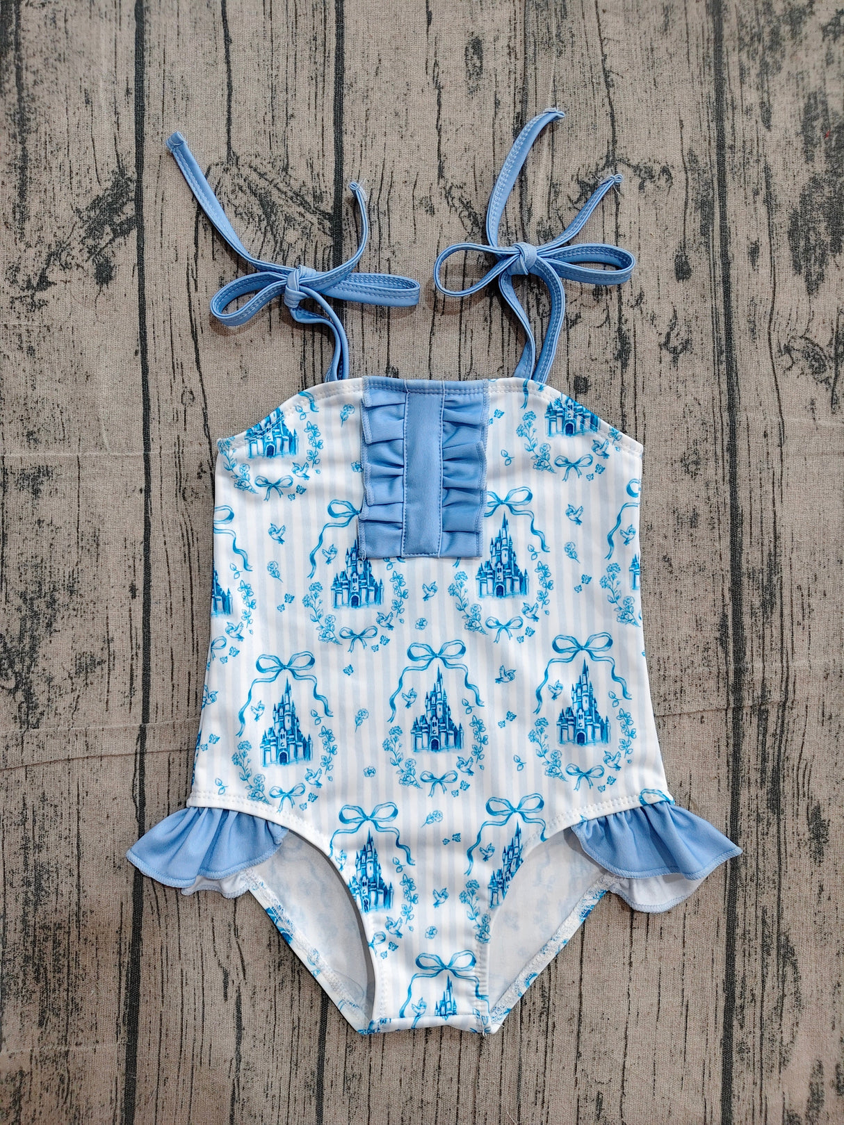 Straps bow castle stripe kids girls summer swimsuit