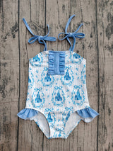 Straps bow castle stripe kids girls summer swimsuit