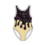 Sleeveless black ice cream sprinkle girls one piece swimsuit