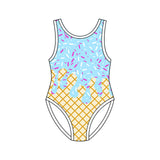 Sleeveless light blue ice cream sprinkle girls one piece swimsuit
