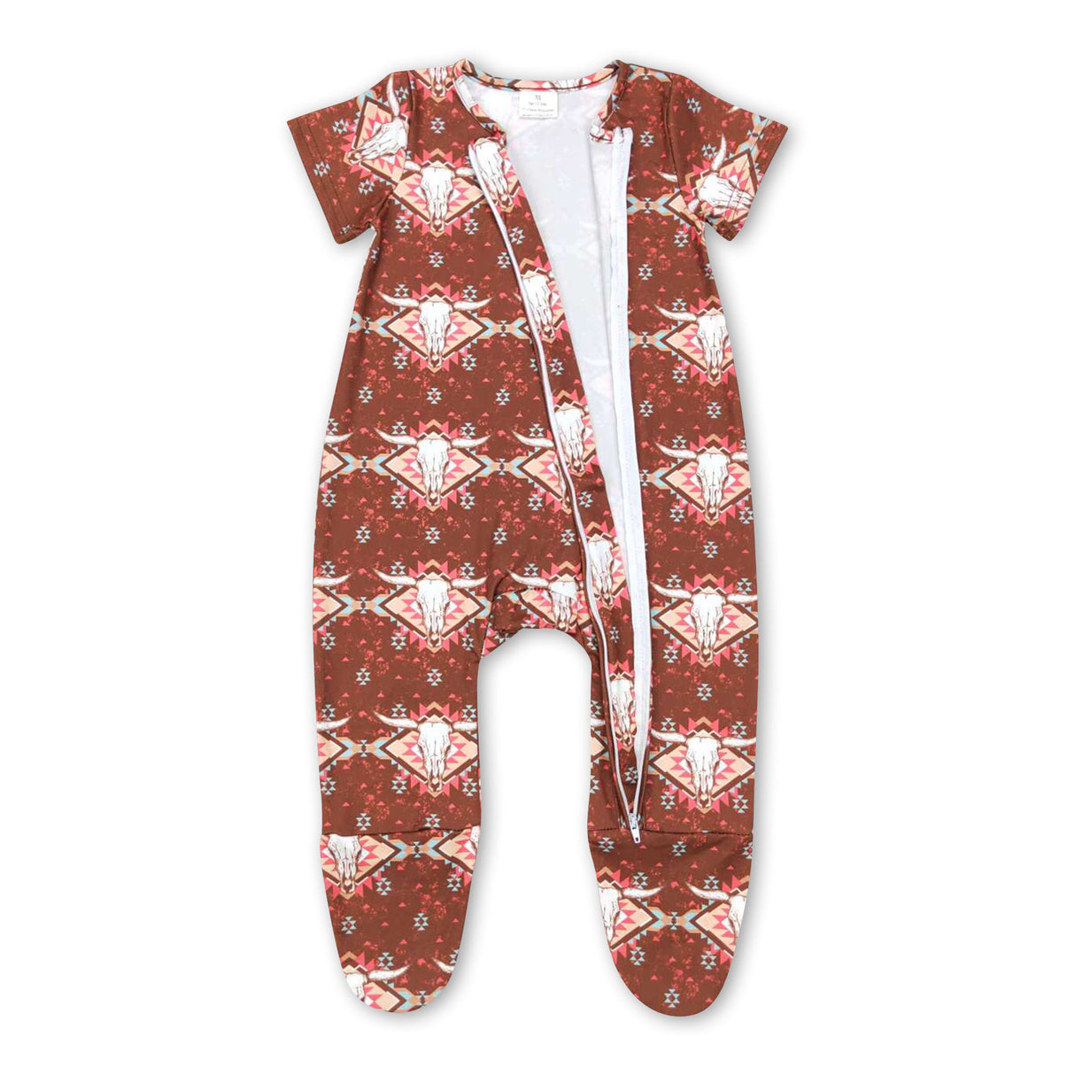 Short sleeves bull skull aztec baby footed zipper coveralls