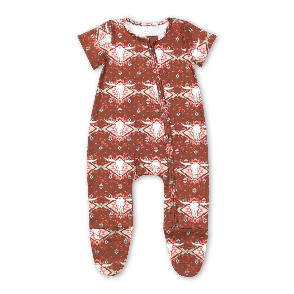 Short sleeves bull skull aztec baby footed zipper coveralls