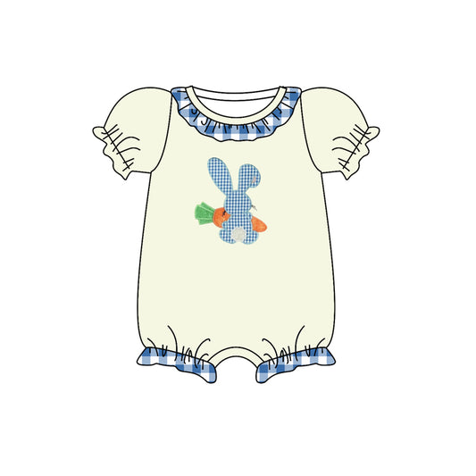 Blue plaid rabbit carrot short sleeves baby girls easter romper