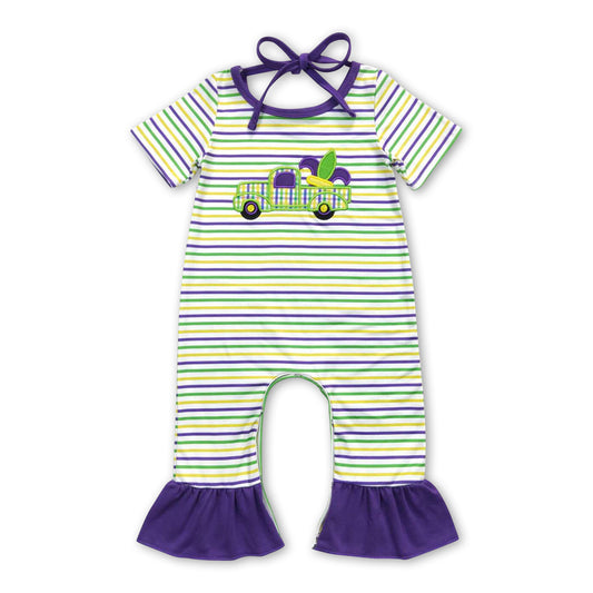 Short sleeves stripe truck ruffle baby girls mardi gras romper