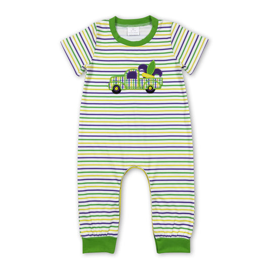 Short sleeves stripe truck baby boy mardi gras romper