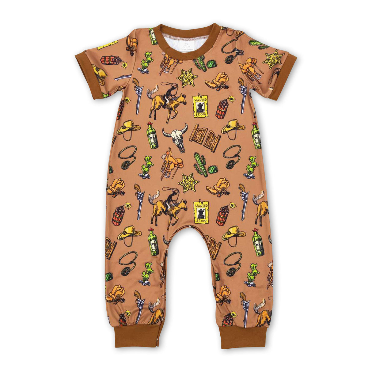 Short sleeves brown bull skull western baby rodeo romper