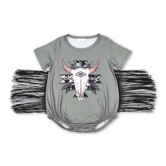 Short sleeves olive bull skull tassels girls western romper