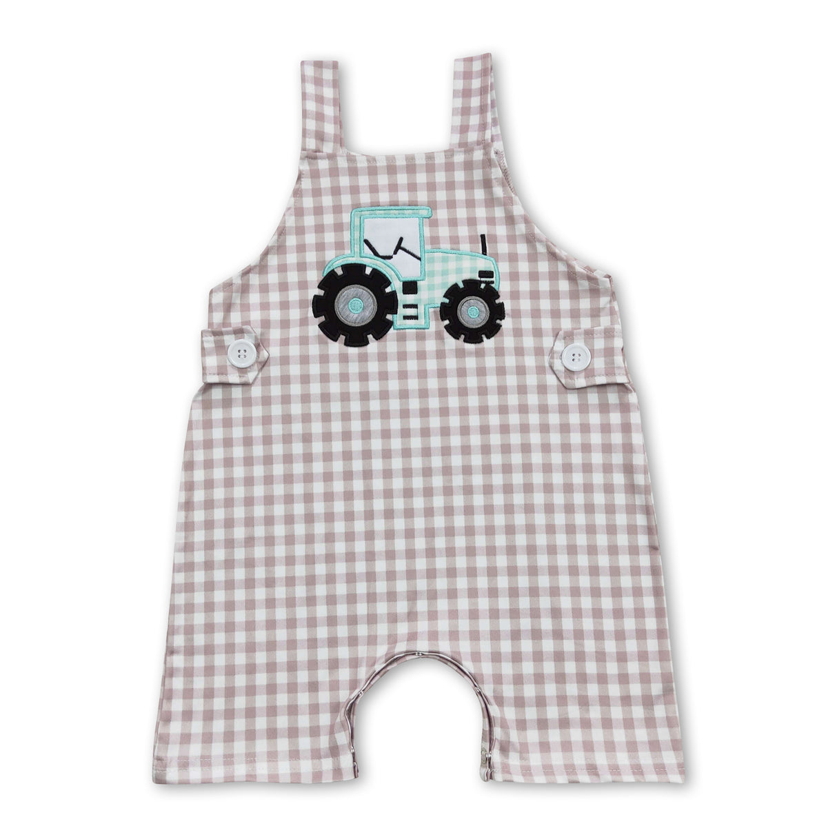 Khaki plaid tractor sleeveless baby boy farm romper