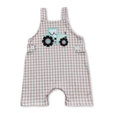 Khaki plaid tractor sleeveless baby boy farm romper