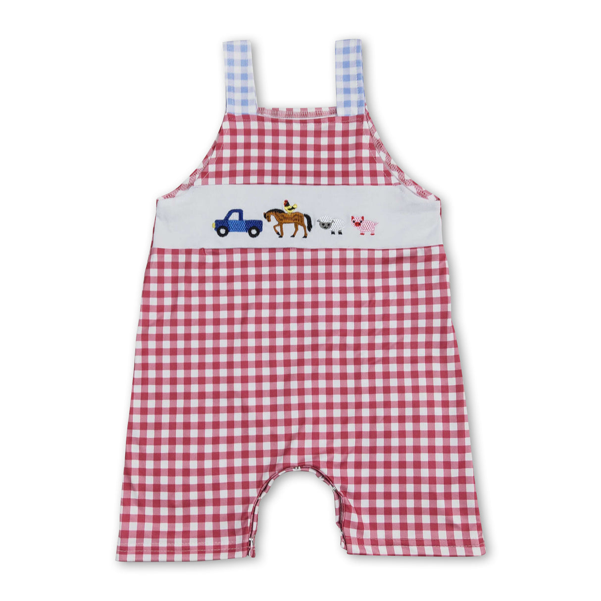 Sleeveless red plaid cow pig horse chicken boy farm romper