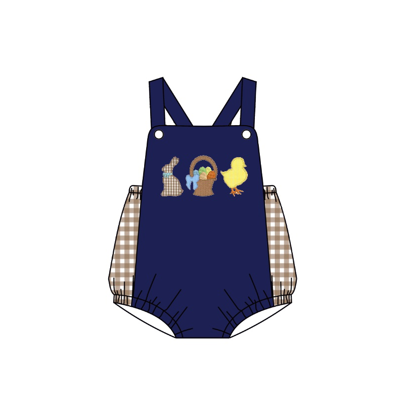 Navy bunny basket eggs chicken baby boy easter romper