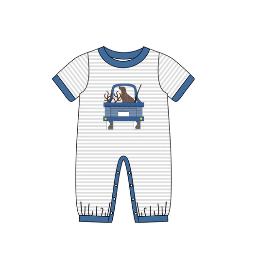 Short sleeves stripe truck dog baby boy hunting romper