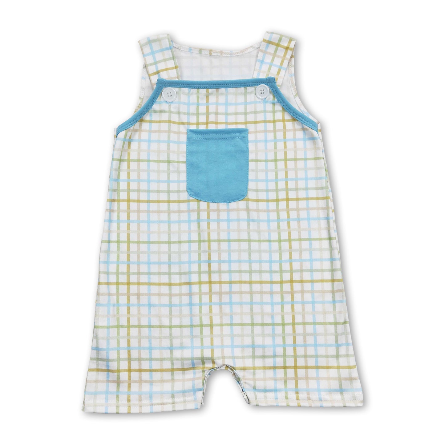 Green blue plaid pocket sleeves baby boy romper