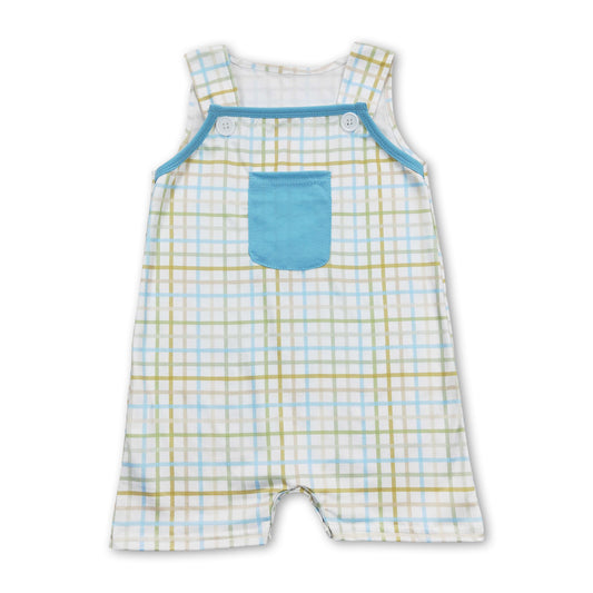 Green blue plaid pocket sleeves baby boy romper