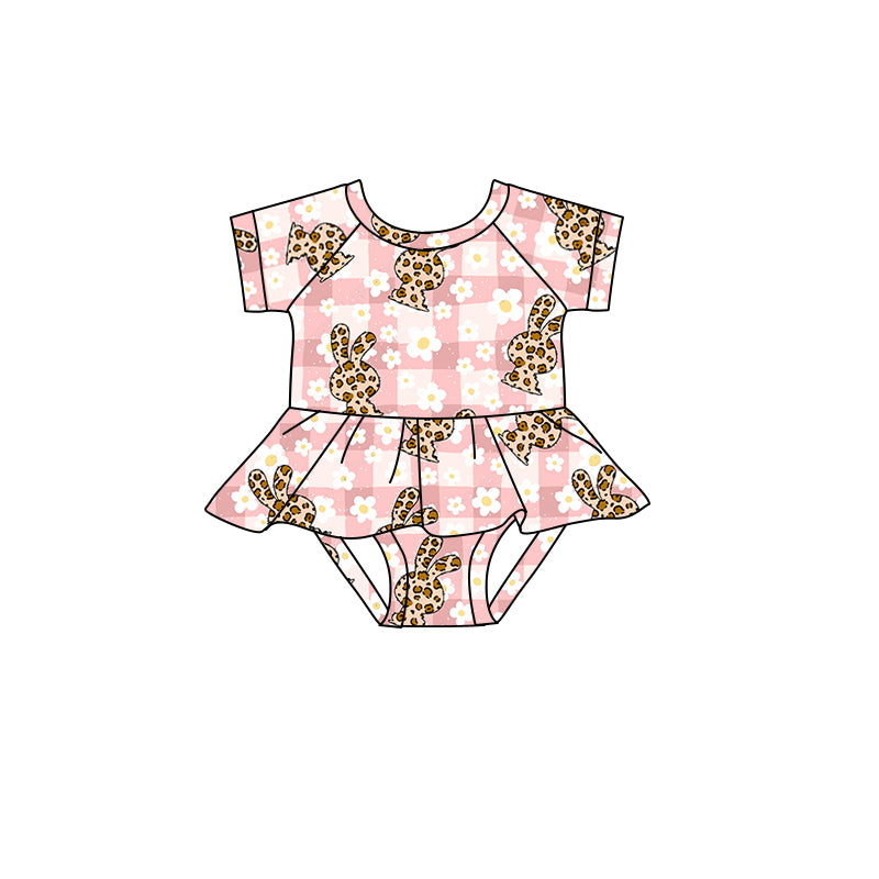 Short sleeves plaid floral leopard bunny baby girls easter romper