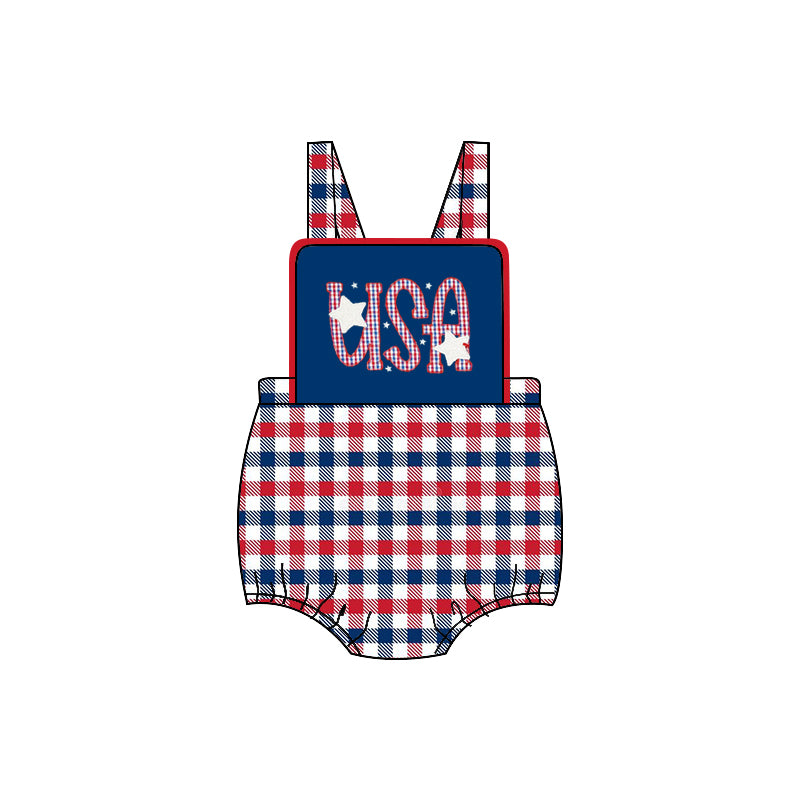 Sleeveless A plaid baby boys 4th of july romper