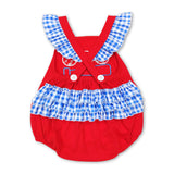 Red baseball plaid ruffle baby girls romper