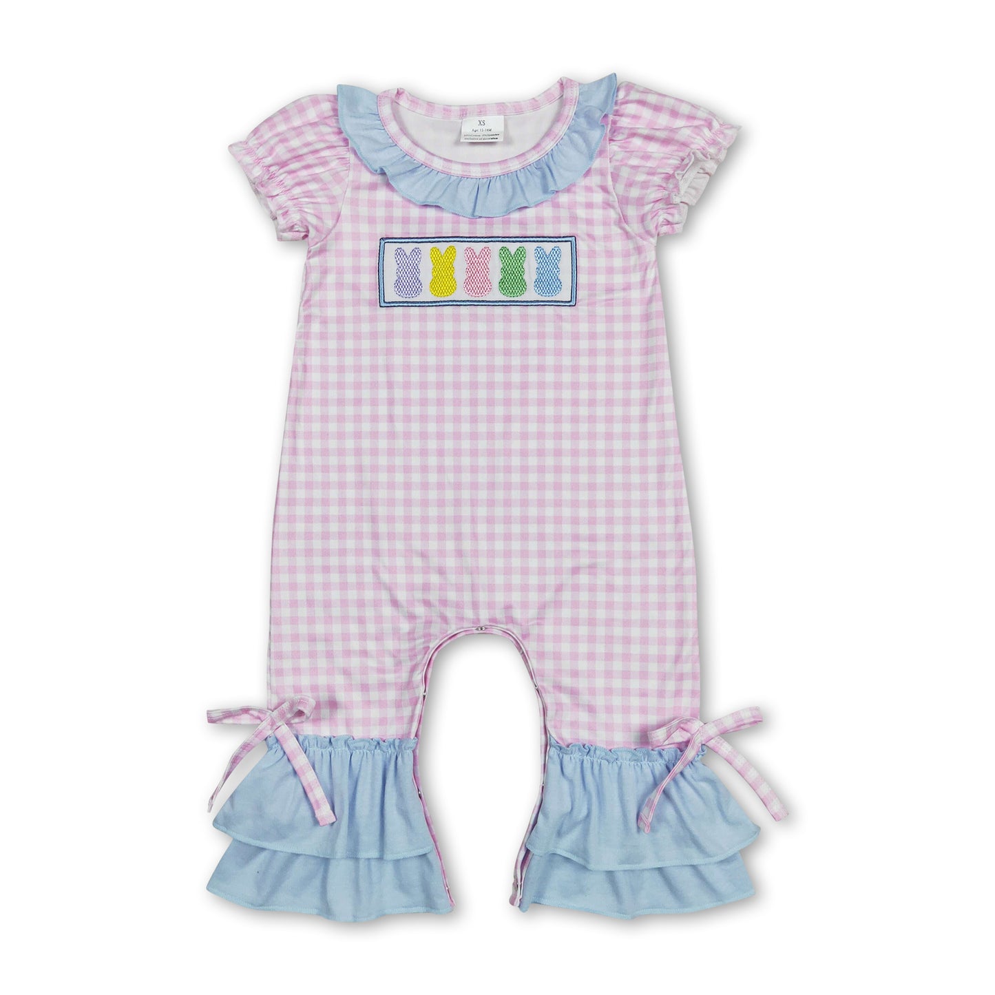 Pink plaid bunny ruffle baby girls easter romper