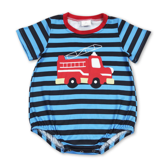 Short sleeves stripe fire truck baby boys romper