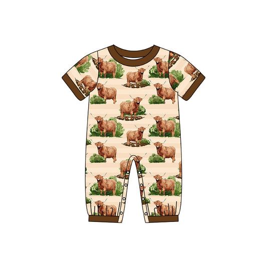 Brown short sleeves highland cow baby boy romper