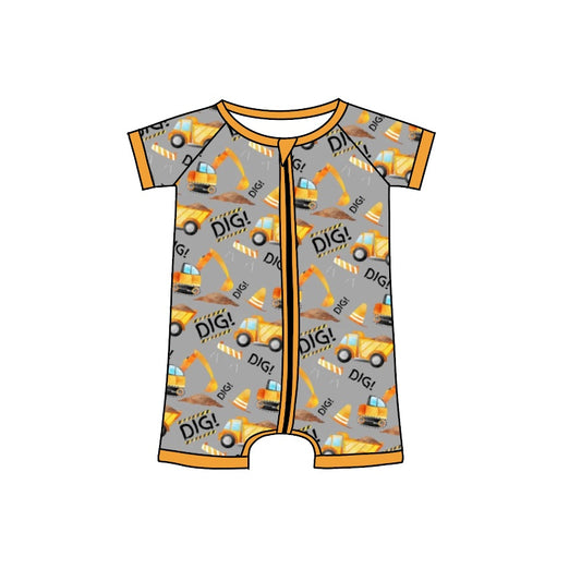 Short sleeves dig excavator baby boy zipper romper