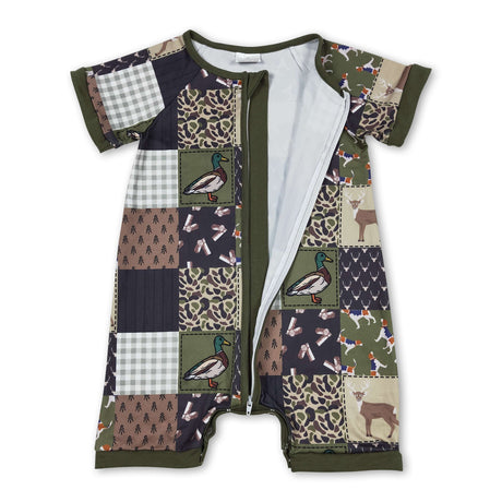 Olive duck dog deer patchwork baby boy romper