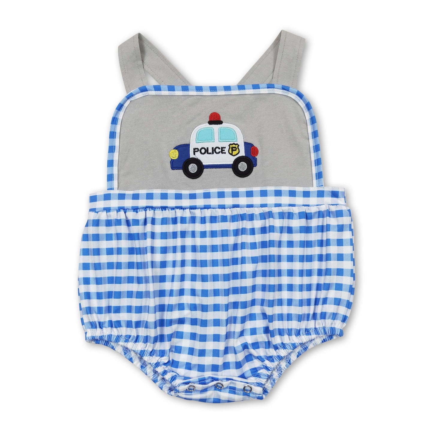 Police car blue plaid baby boys summer romper