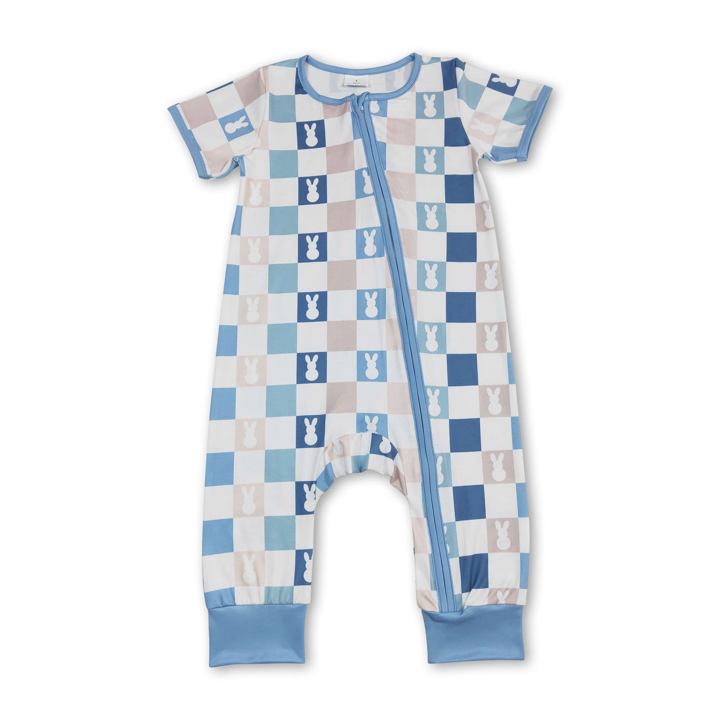 Short sleeves blue palid bunny baby zipper easter romper